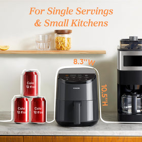 Cosori Lite compact design on a kitchen counter for space-saving cooking.