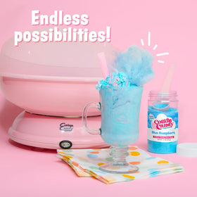 Pink vanilla floss sugar jar from Cotton Candy Express complements carnival-inspired desserts.