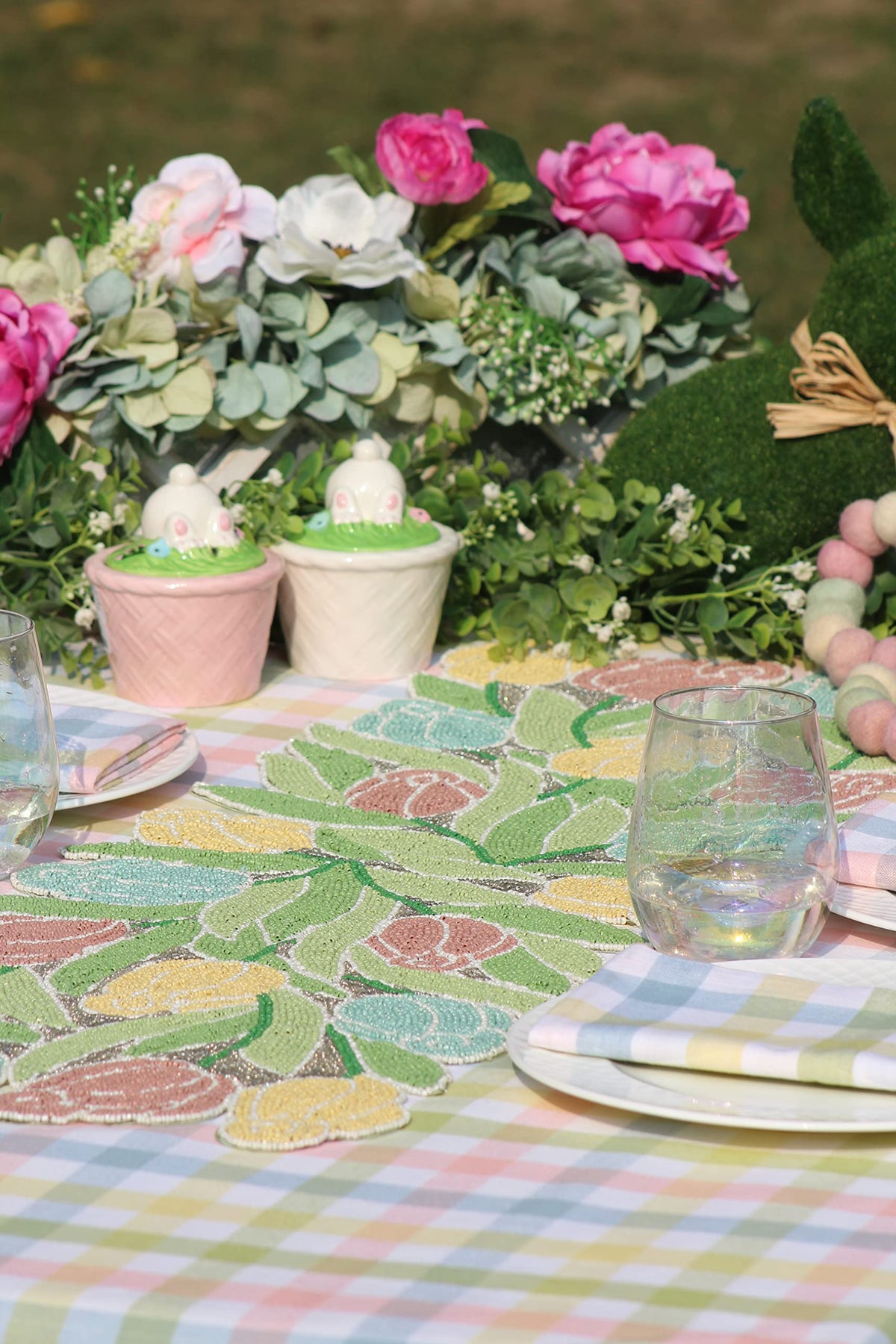 Cotton Craft Countryside Classic tablecloth shown on a sunny spring dining setup.