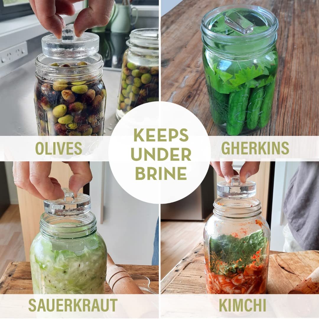 Country Trading Co heavy-weight glass weights submerged by brine for reliable fermentation