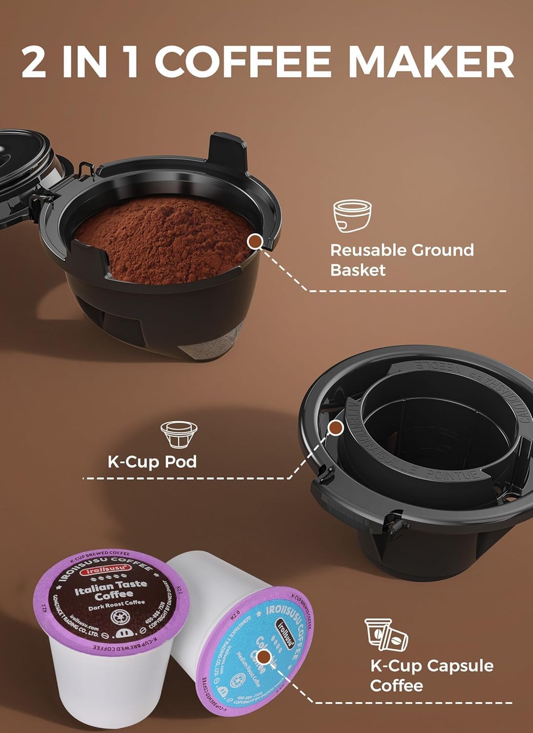 COWSAR coffee maker with ground coffee option and reusable filter for flexible brewing.
