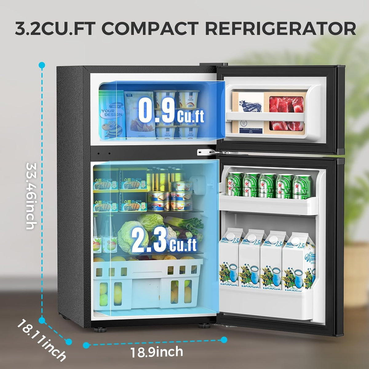 COWSAR compact fridge in dorm bedroom with adjustable shelves for drinks and snacks