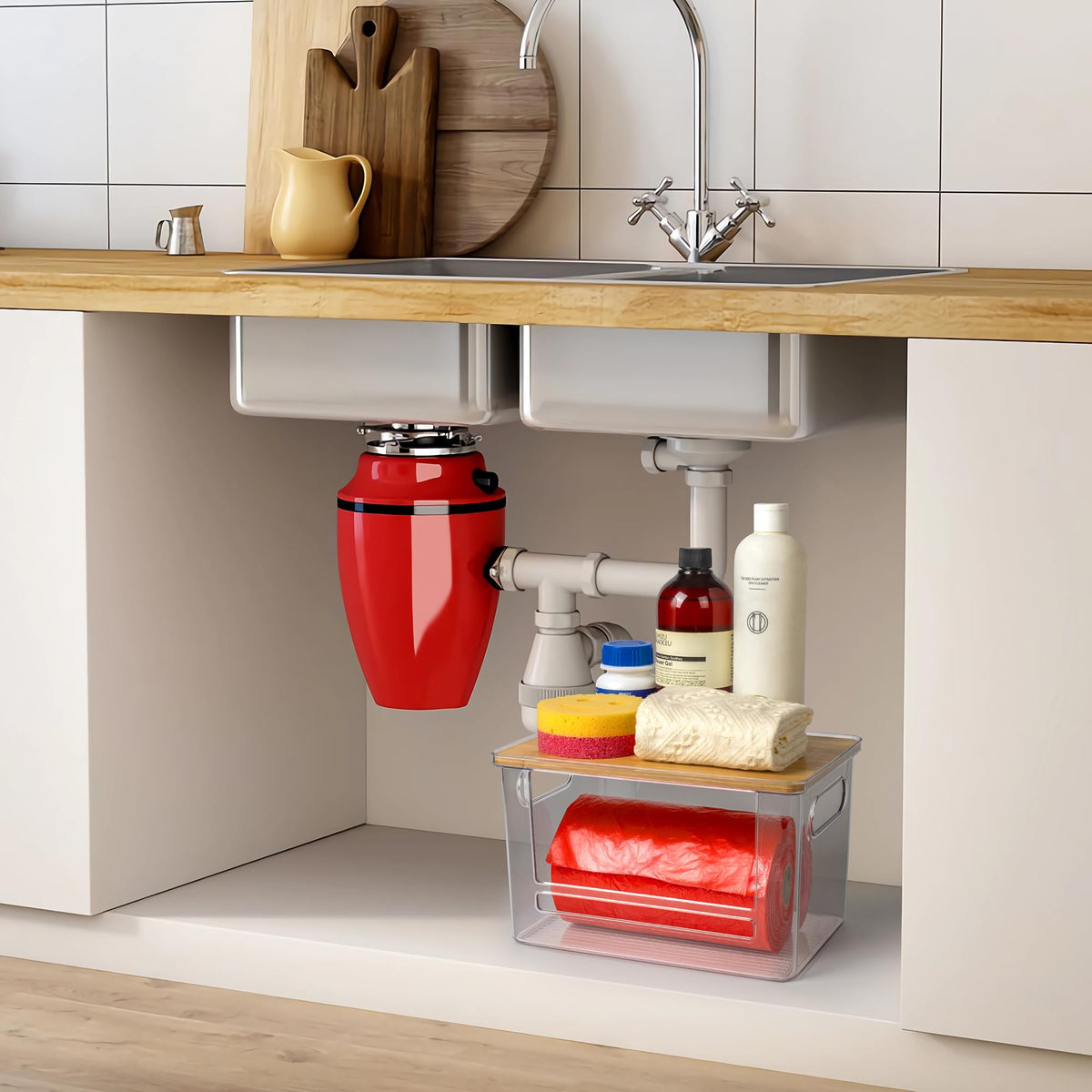 COZYCRAZE under-sink lid opens for quick bag loading view.