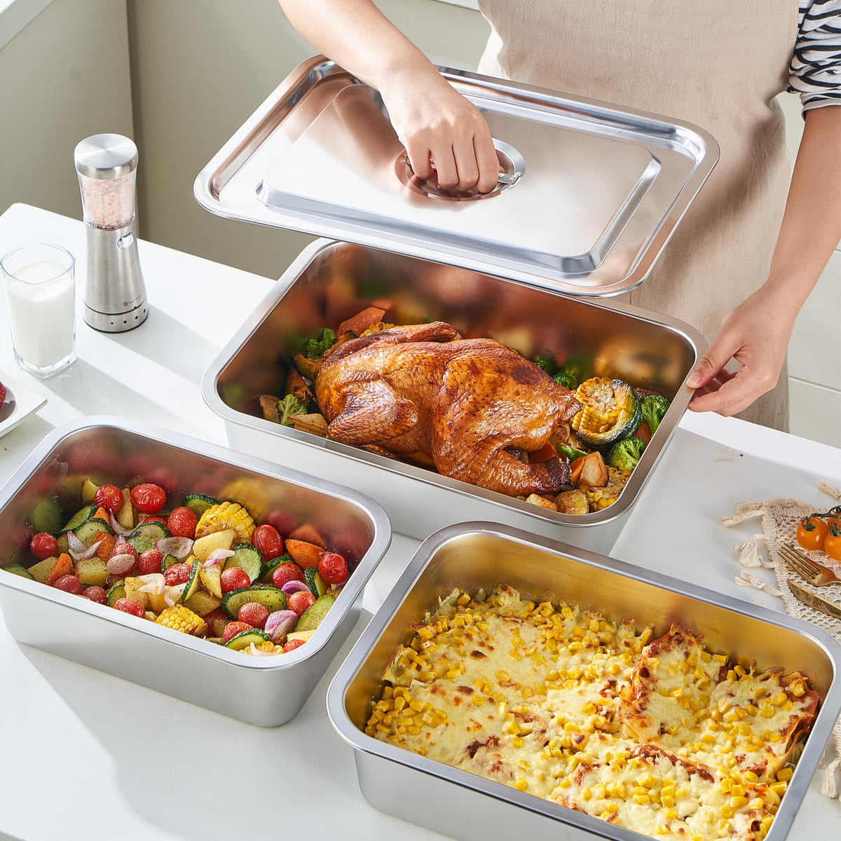 CozyState Lasagna Pan exterior with dimensions, ideal for oven-to-table serving.