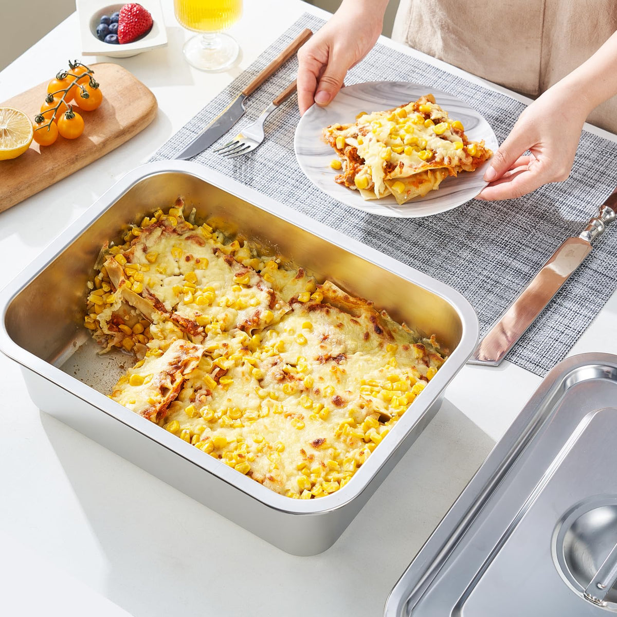 CozyState Serving-ready pan shown with completed casserole for family meals.