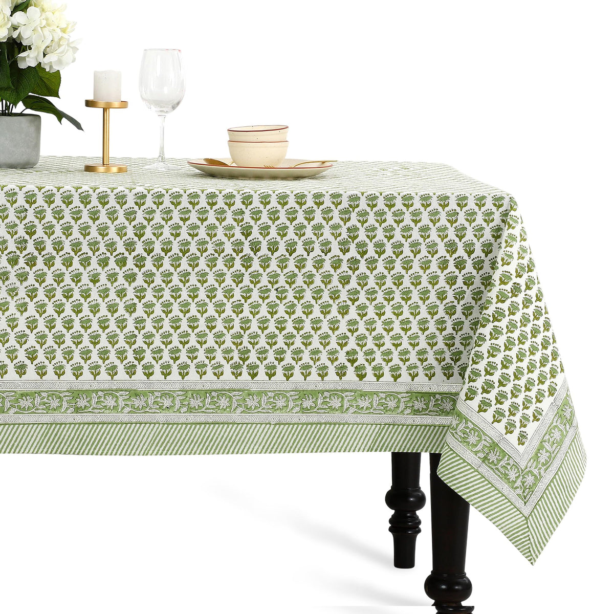 CPC Cotton Print Club emerald green floral tablecloth, 60x60 square, ideal for elegant settings