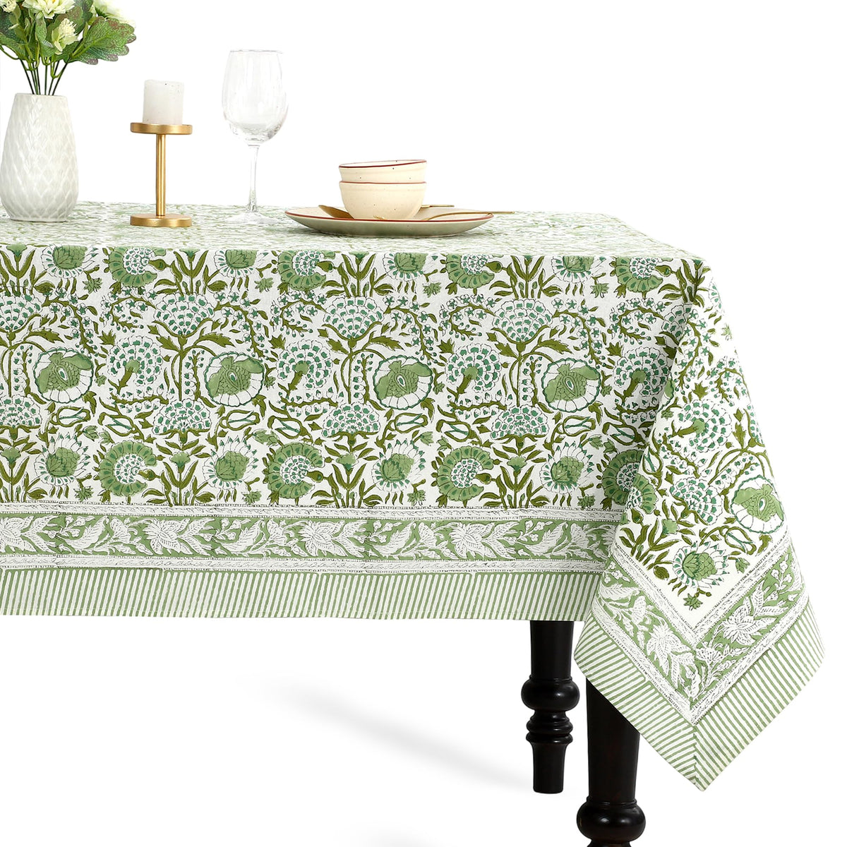 CPC Tablecloth Agate Green block print for elegant square table settings