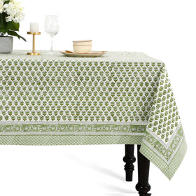 CPC Tablecloth emerald green block print close-up showing natural cotton texture and durability.