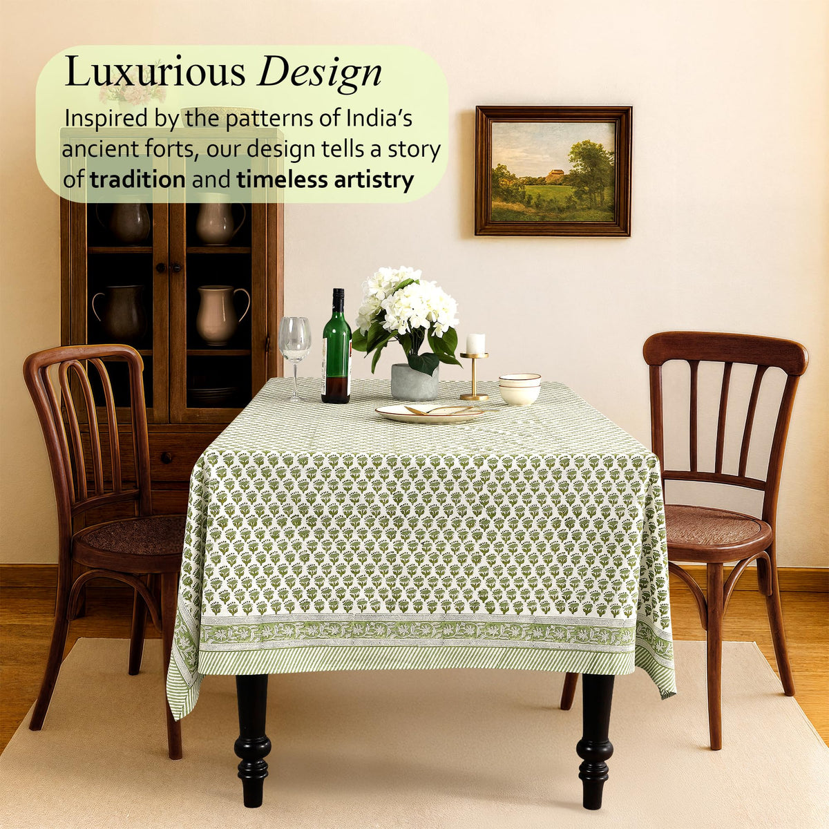 CPC Tablecloth hand-stamped design close-up, featuring intricate motifs in emerald green.