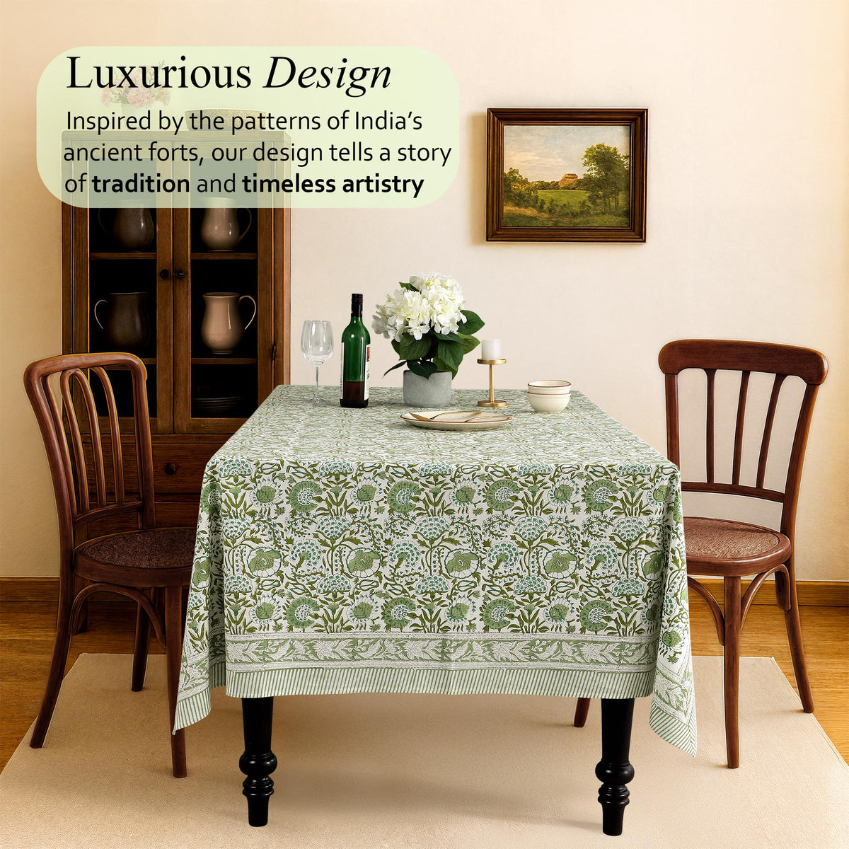 CPC Tablecloth hand-stamped floral design adds artisanal charm to gatherings