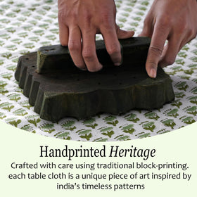 CPC Tablecloth care instructions showing machine washability for busy homes.
