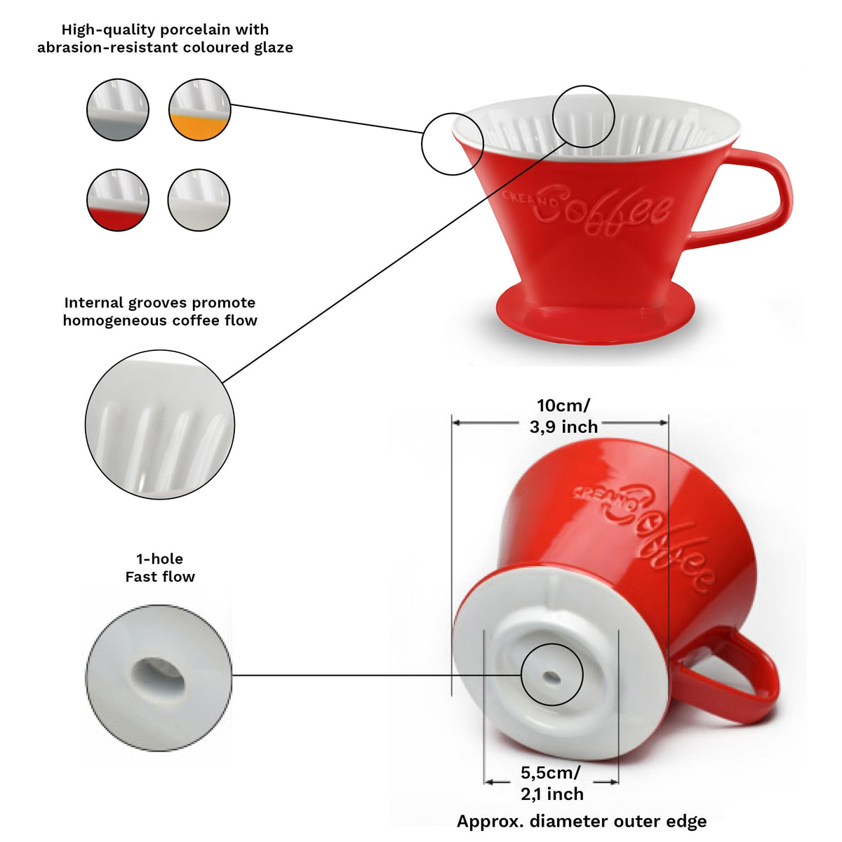 Creano porcelain coffee filter is dishwasher-safe and durable for daily use.