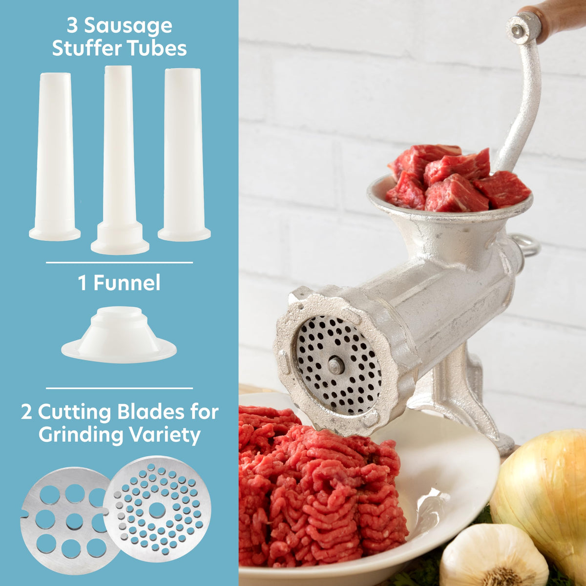 CucinaPro grinder includes a coarse disk for heartier burgers and patties.