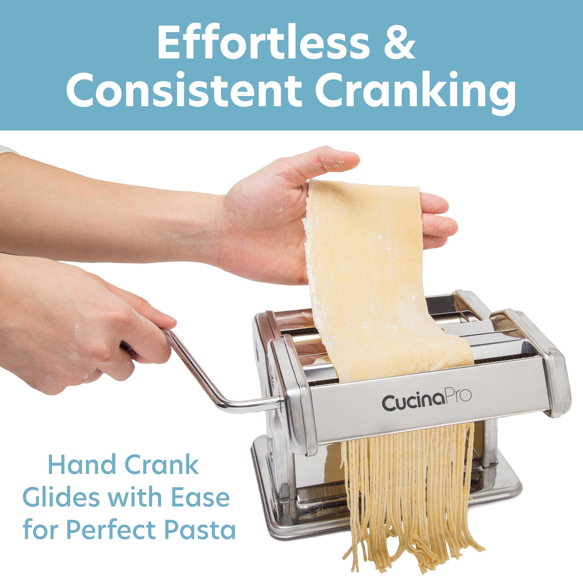 CucinaPro pasta maker deluxe attachments in use to shape fresh pasta
