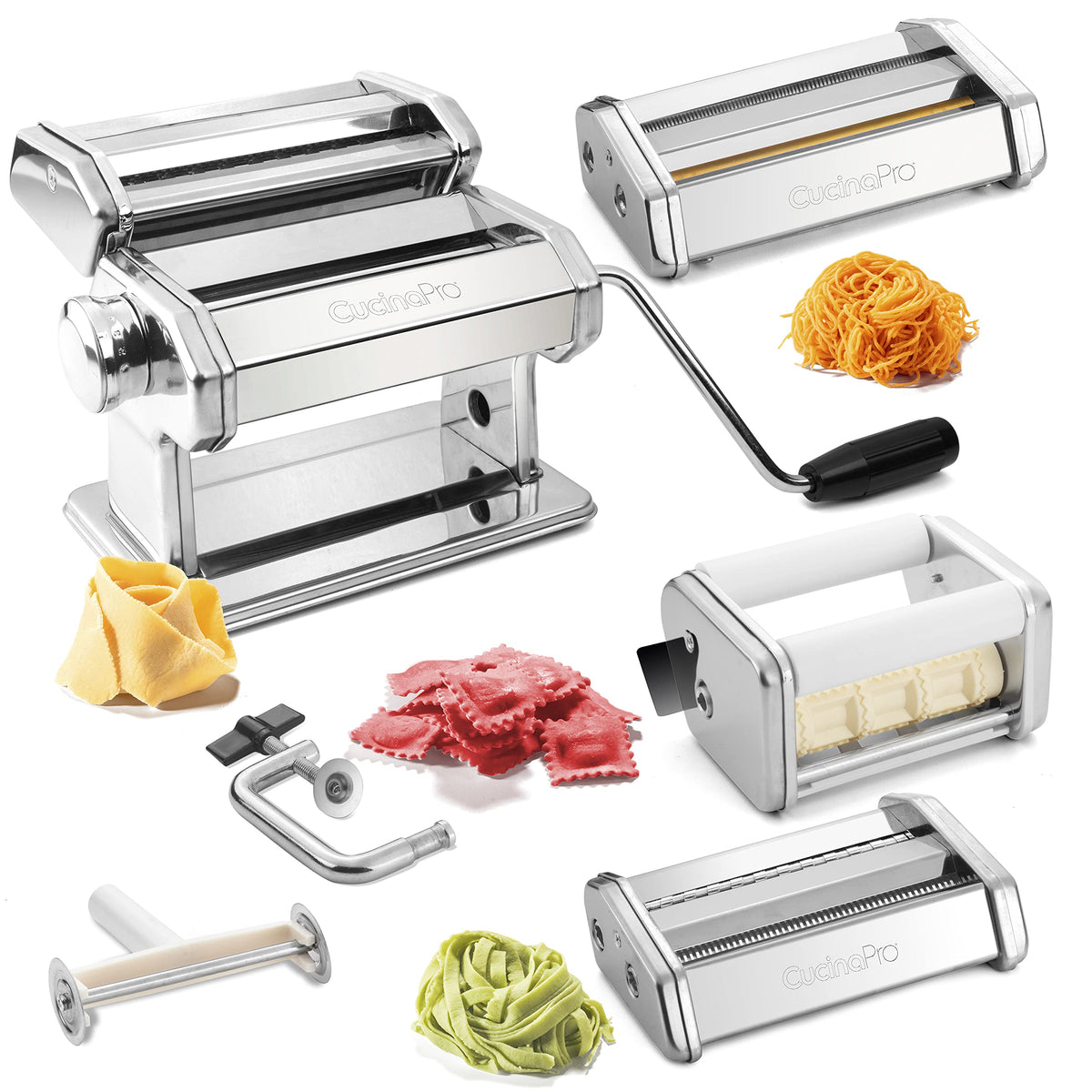 CucinaPro Pasta Maker Deluxe Set front view for authentic homemade pasta