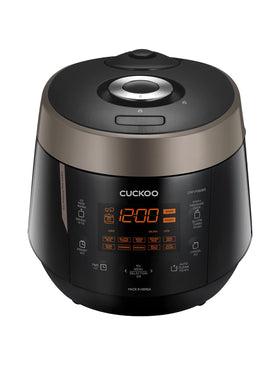 CUCKOO high-pressure rice cooker front view, compact design ideal for small kitchens.