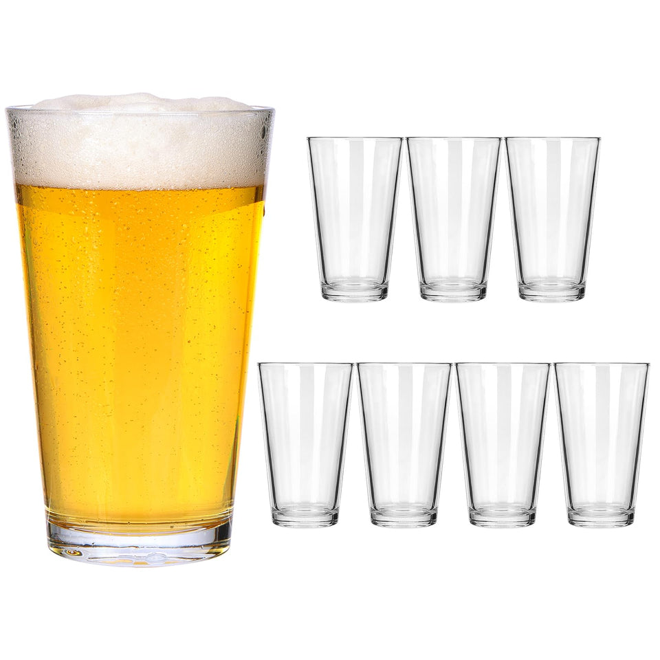 CUCUMI 8-piece beer pint glasses with 16 oz capacity for crisp pours.