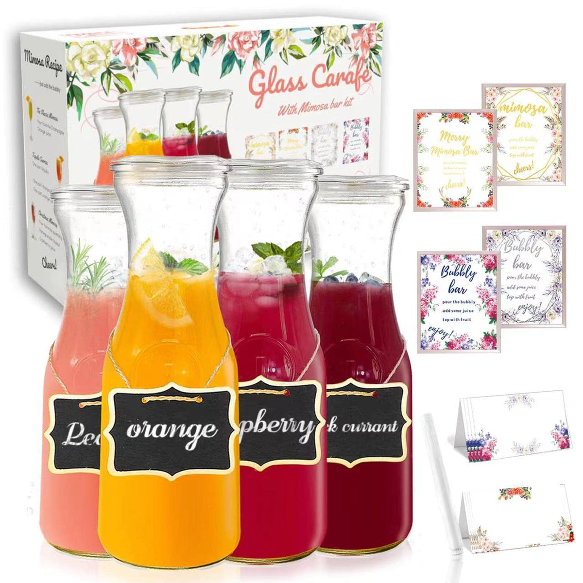 Cuguords set of 4 glass carafes with lids for organized mimosa bar servings.