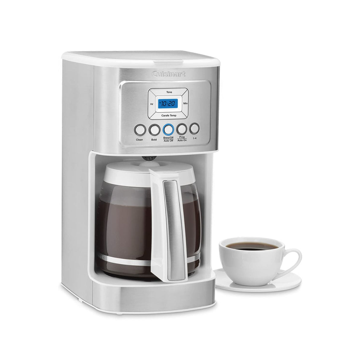Cuisinart 14-cup coffee maker LCD display enables easy 24-hour programmable brewing.