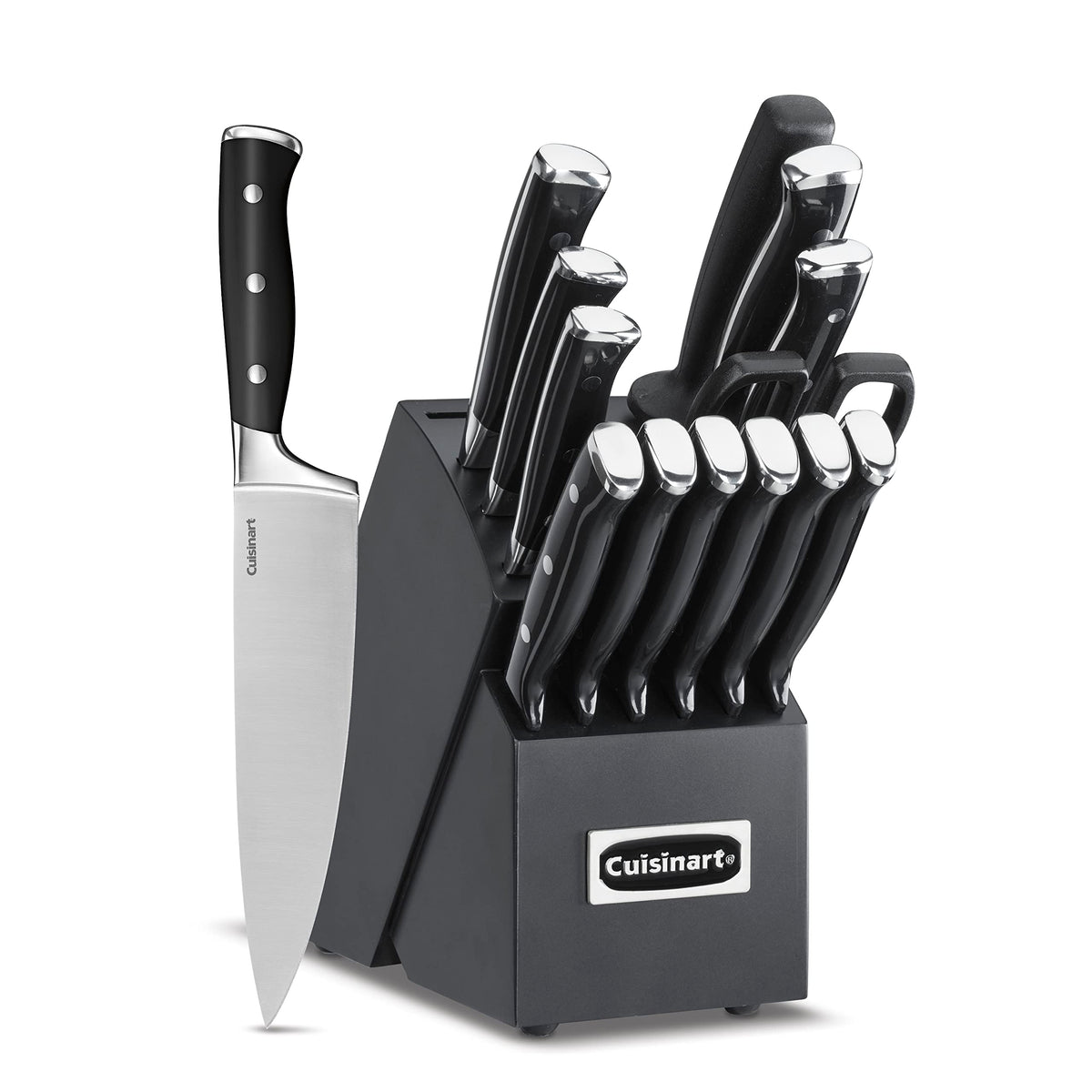 Cuisinart 15-piece knife set on block, showing organized storage and versatile blades
