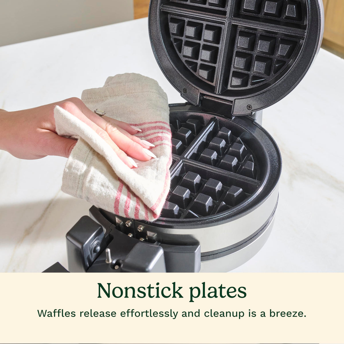 Cuisinart double-flip waffle maker top view with controls and compact footprint.