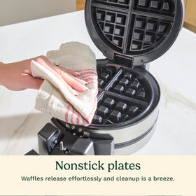 Cuisinart double-flip waffle maker top view with controls and compact footprint.