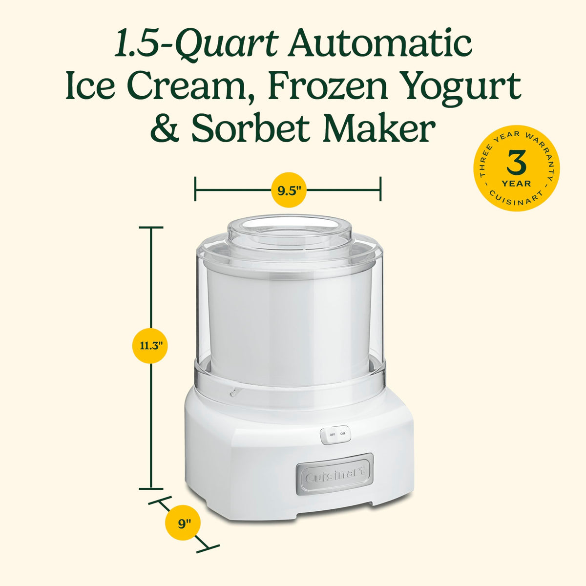 Cuisinart ice cream maker one-and-a-half-quarts capacity for sharing.