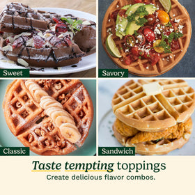 Cuisinart waffle maker rotation flip-action in use for even browning.