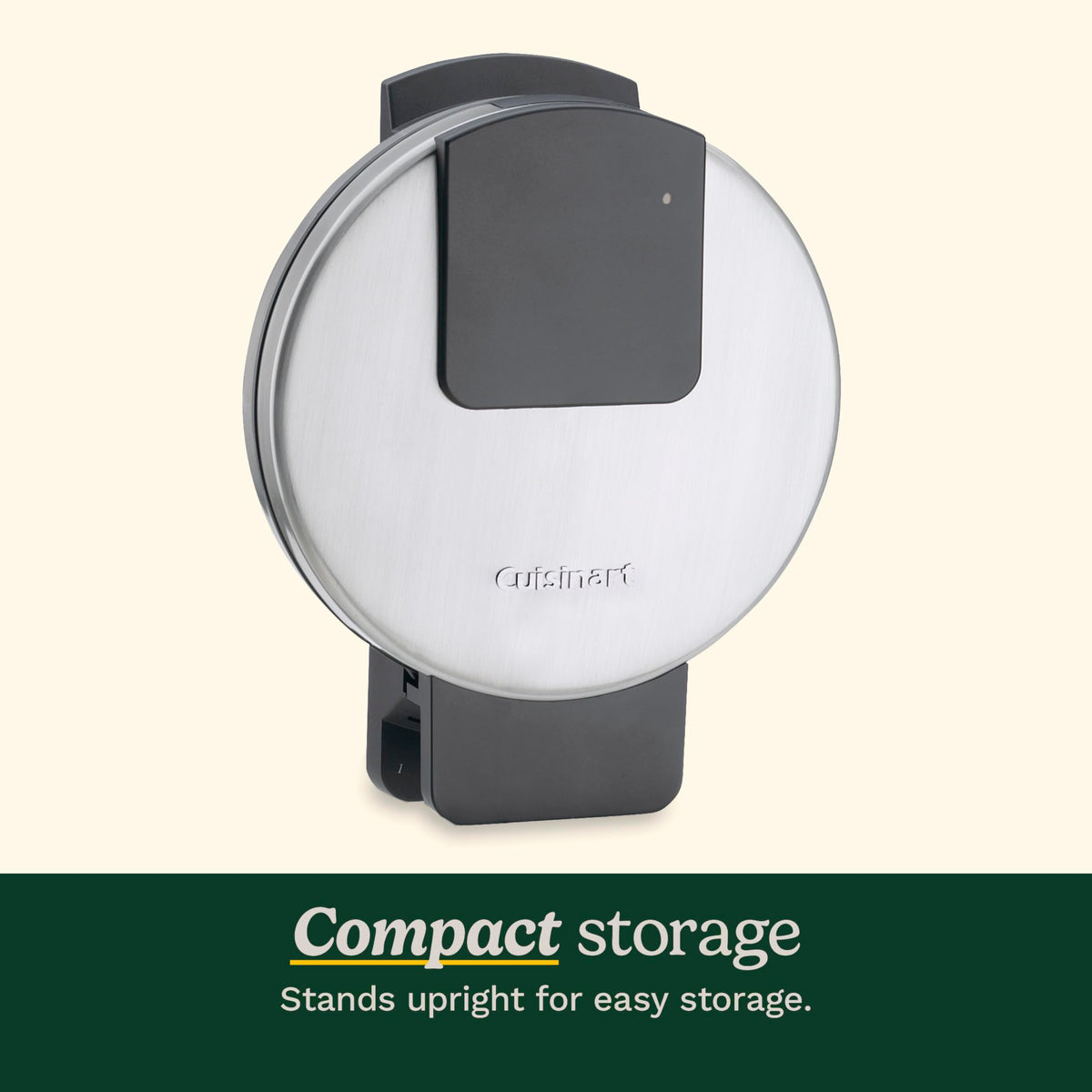 Cuisinart Waffle Maker stands upright for compact storage with a cord wrap.