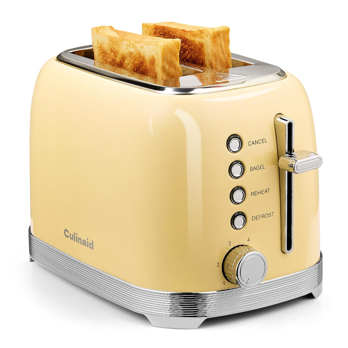 Bright yellow retro design of Culinaid Toaster 2 Slice on counter.