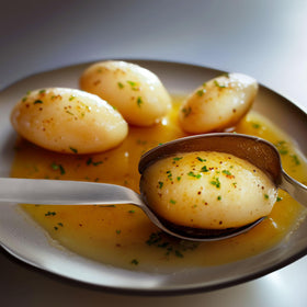CURISEW Chef Kunz spoon serving soup with tidy precision in view.