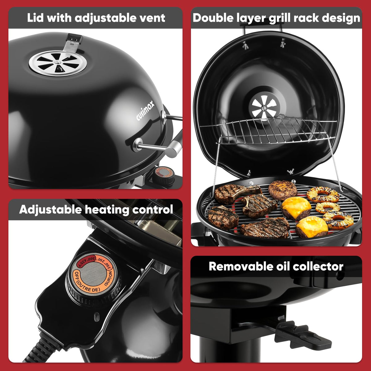 CUSIMAX grill showing adjustable heat control for precise cooking.