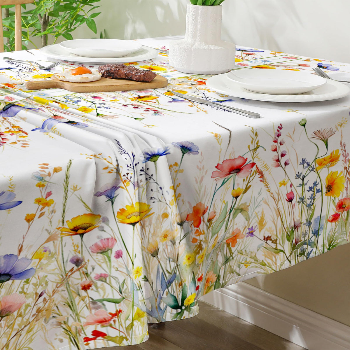 Cusugbaso spring tablecloth on dining table set for a family meal