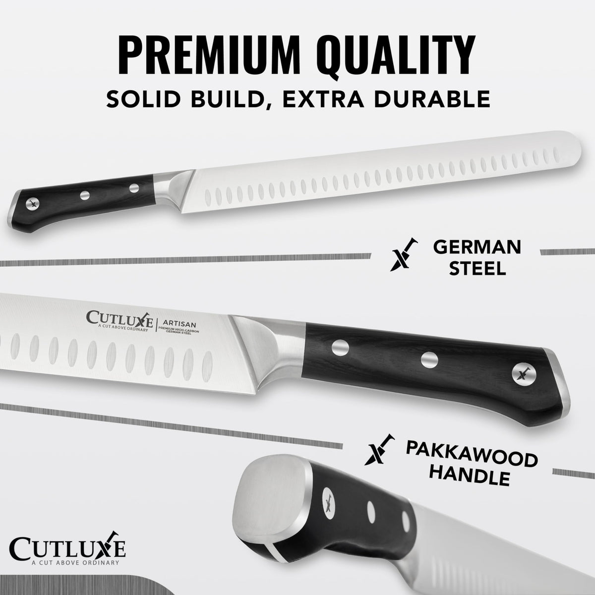Cutluxe Brisket Knife with ergonomic pakkawood handle for comfortable long slicing.
