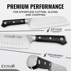 Cutluxe Chef Knife Set 5.5 inch utility blade for delicate prep and trimming.