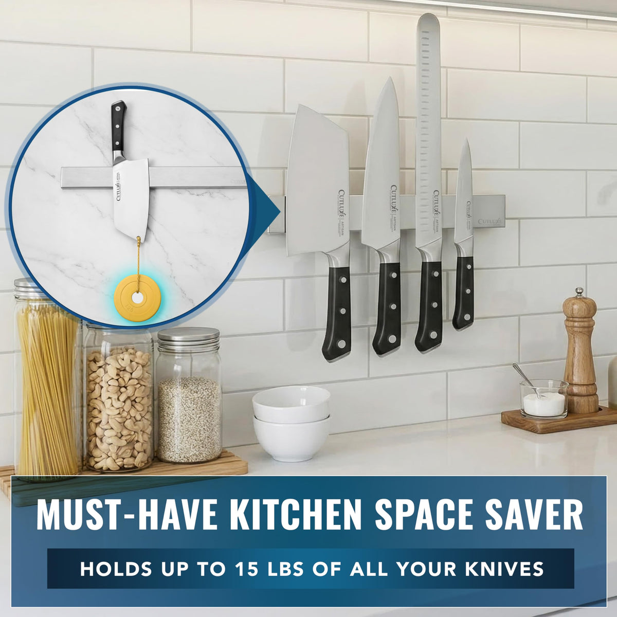 Fridge mounted knife strip for easy reach