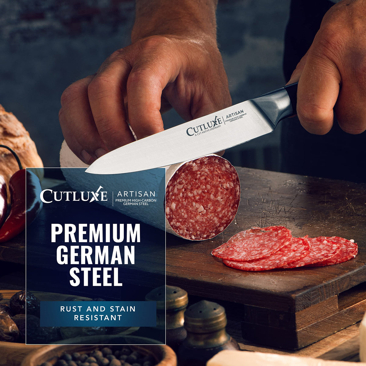 Cutluxe precision edge at 14-16 degrees per side enables clean slicing.