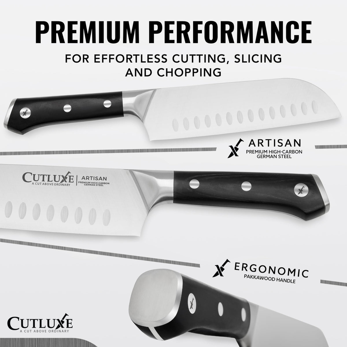 Cutluxe Santoku knife full-tang design shown for balanced control
