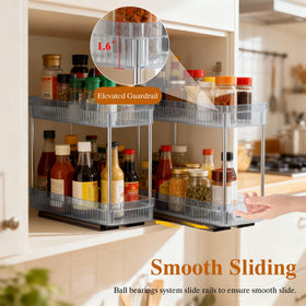 DABIGE two-tier baskets neatly organize jars in cabinet.