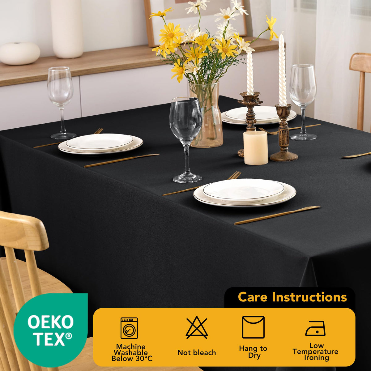 Rectangle-table setup with a DailySet tablecloth for a clean look