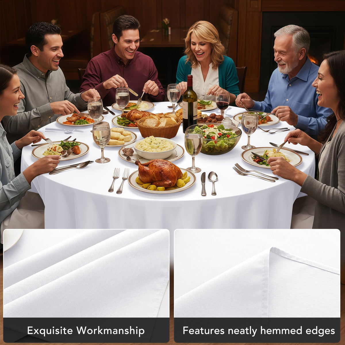 Dailyset 108-inch white round tablecloth showing washable, reusable setup.