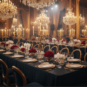 Overhead view of DailySet tablecloths lining tables for a refined ambiance