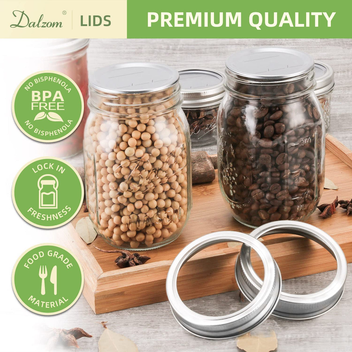 Dalzom food-grade metal lids with BPA-free silicone seals for safe storage