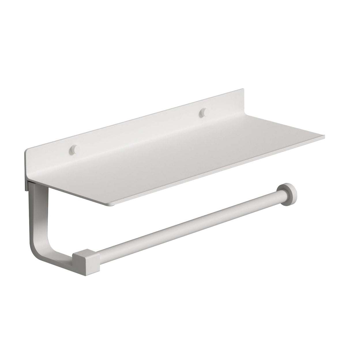 Danpoo White Paper Towel Holder with Shelf on wall keeps towels within easy reach.