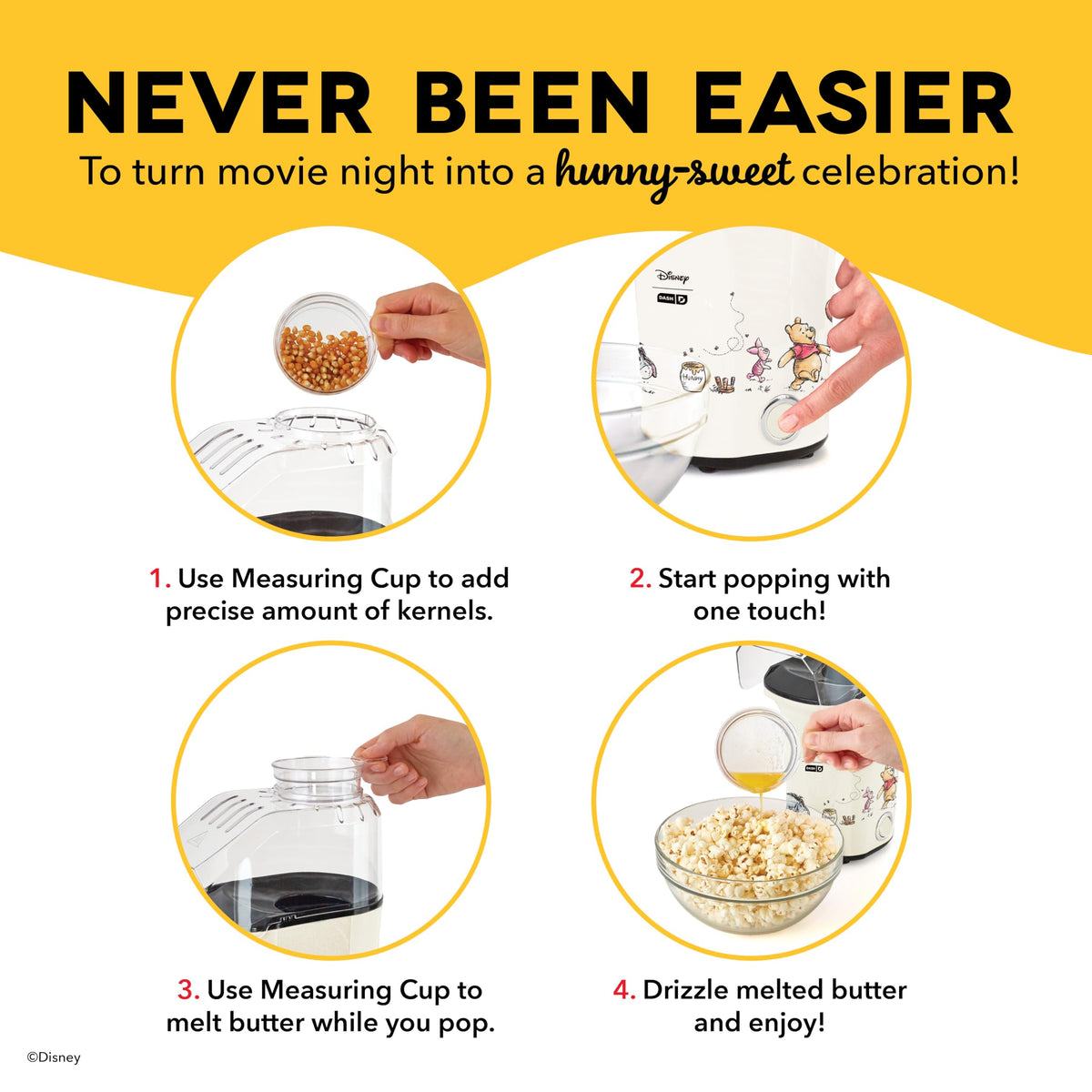 DASH compact popcorn maker fits small spaces with stable footing.