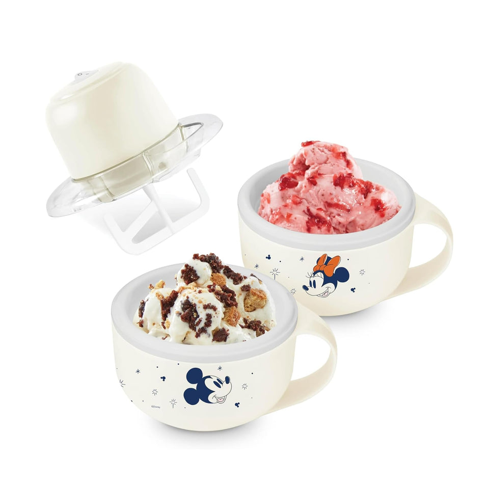 DASH Disney My Mug ice cream maker with Mickey design and two mugs for quick treats.