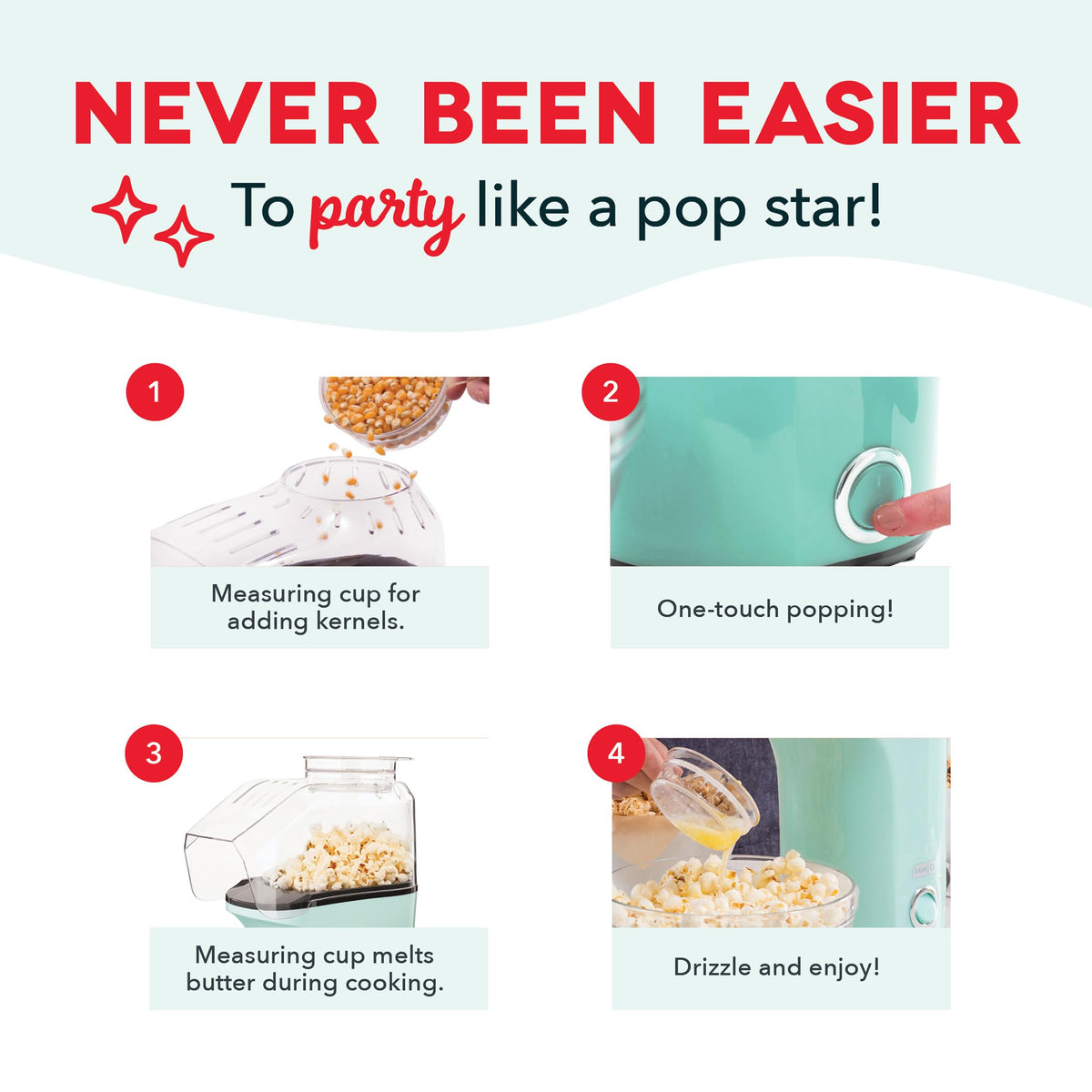 DASH popcorn maker on a clean kitchen counter with a neat, space saving design