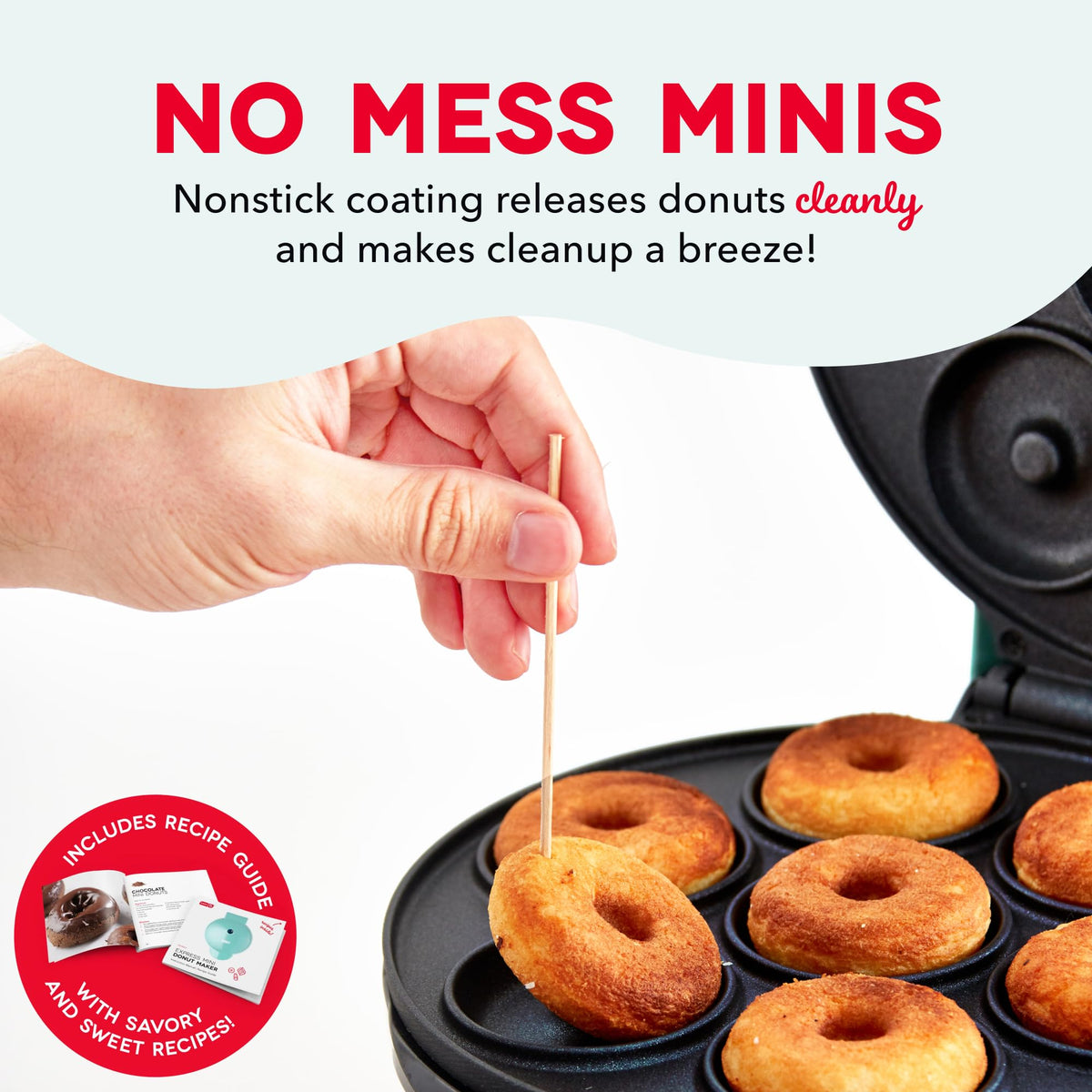 DASH Mini Donut Maker recipe book included for flavor ideas.
