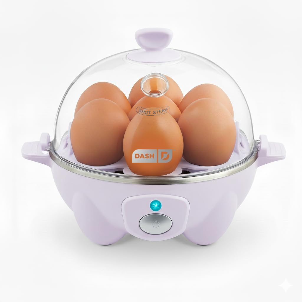 DASH Rapid Egg Cooker Lavender front view for quick seven-egg breakfast prep