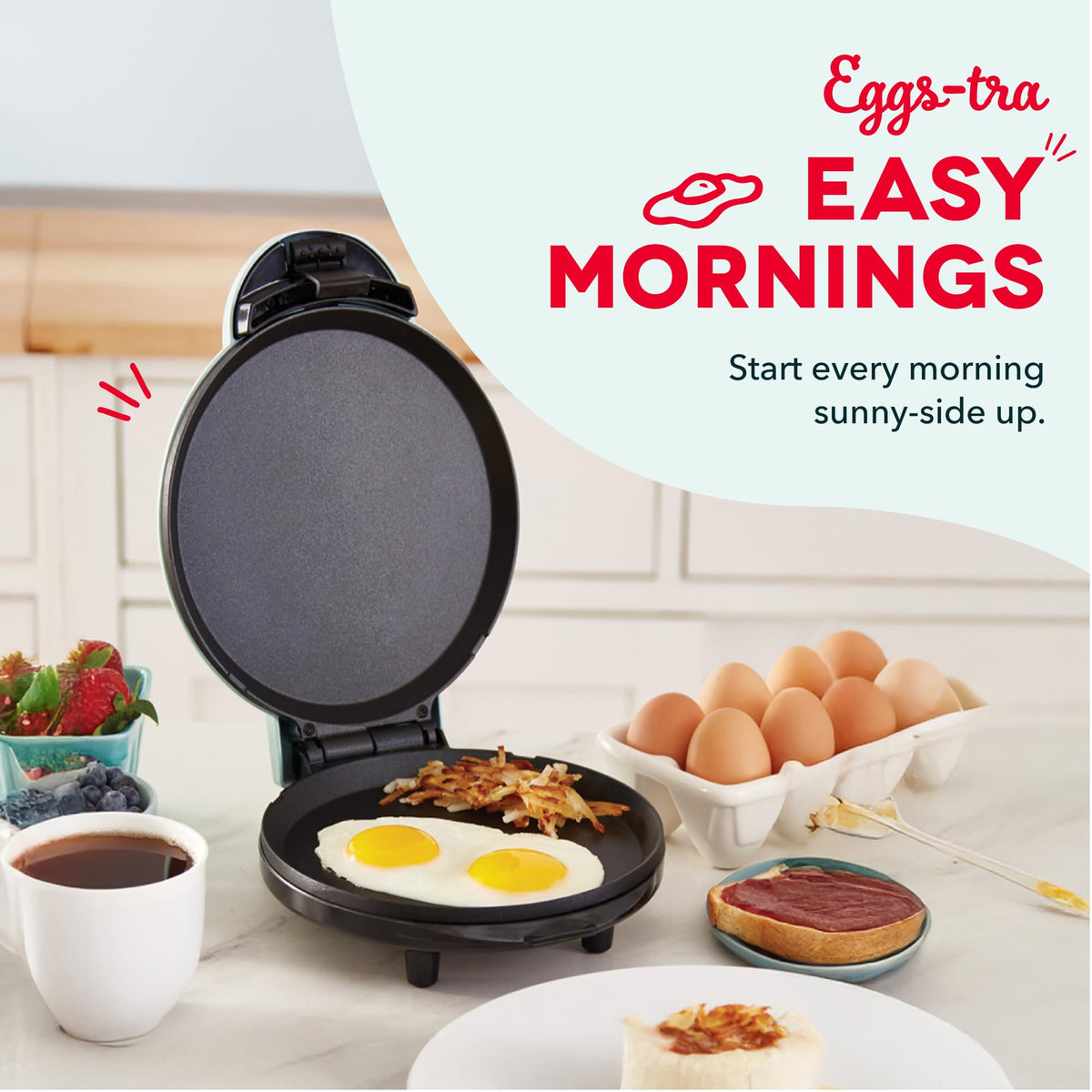 Dash Round Express Griddle with non-slip feet stays steady during cooking.